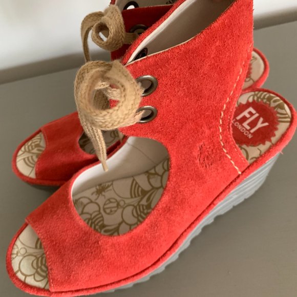 Fly London Red Suede Tie Up Mary Jane Platform Wedge Size 39 - Picture 6 of 8